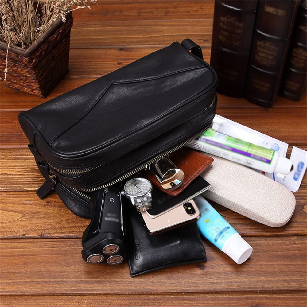Bolsa de Viaje de Aseo de Cuero Genuino for Hombres y Mujeres, Bolsa de Afeitar Organizador de baño, Organizador de Kit de Aseo