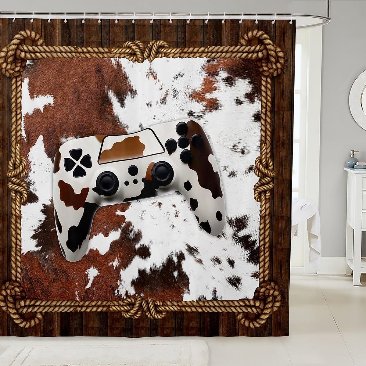 Gaming Gamepad Kids Shower Curtains,Wooden Plank Cow Fur Cowhide Rustic Bathroom Curtains for Boys Girls Men,Video Games Controller Brown Retro Waterproof Curtains,12 Hooks Suits,72" W x 84" L