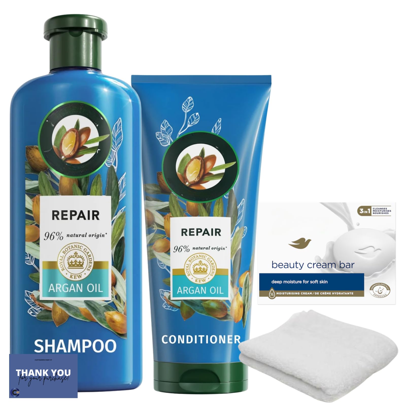 Argan Oil Hair and Body Care Set, Oil Shampoo 350ml and Conditioner 250ml + Moisturizing Beauty Bar + Soft White Washcloth