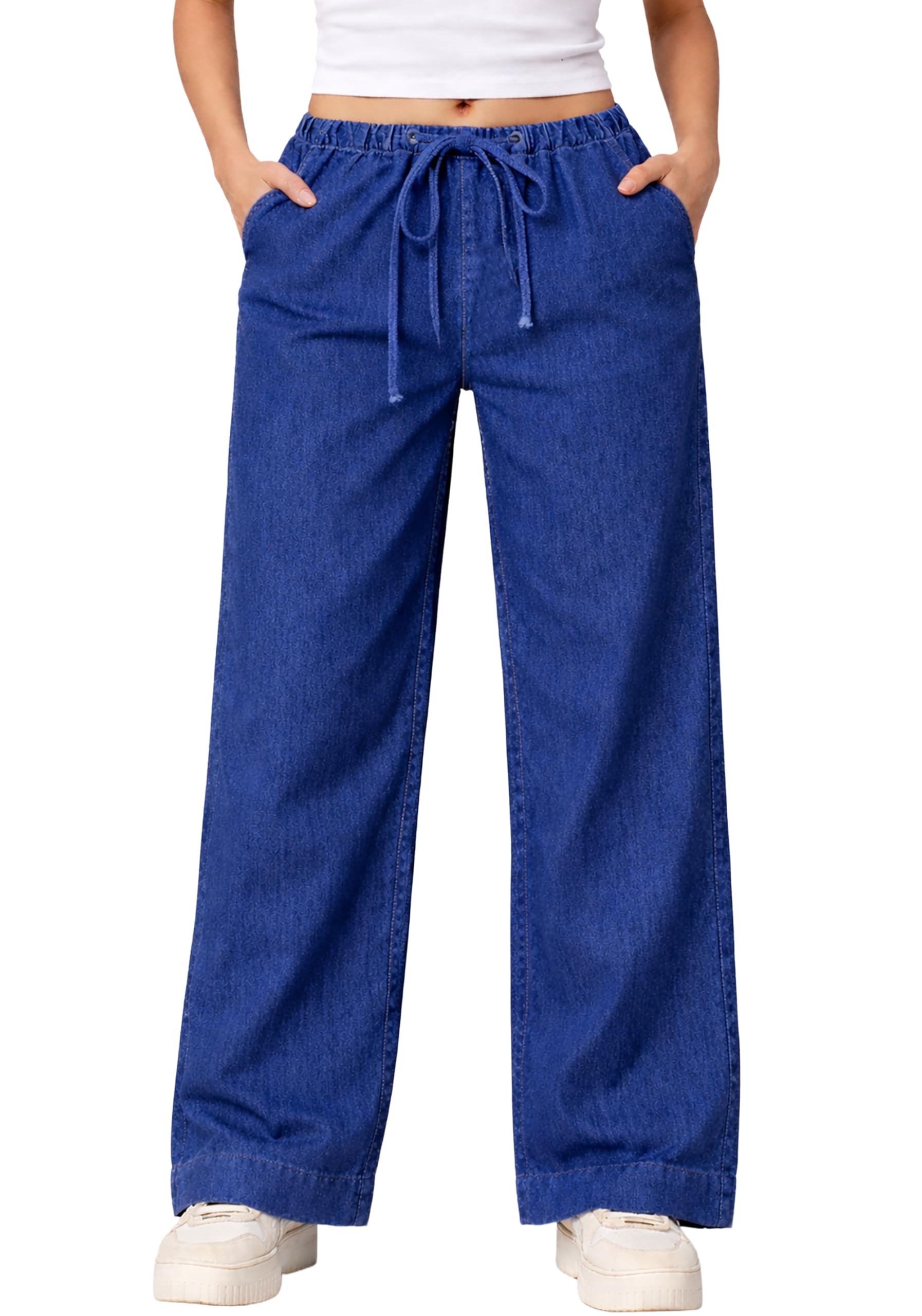 london hills Jeans for Woman | Wide Leg Jean for Women | Women’s Wide Leg Denim Pants | Elastic Waist Drawstring Jeans for Women | Loose Fit Casual Palazzo Trousers | Woman Jean's Pant-picture-23