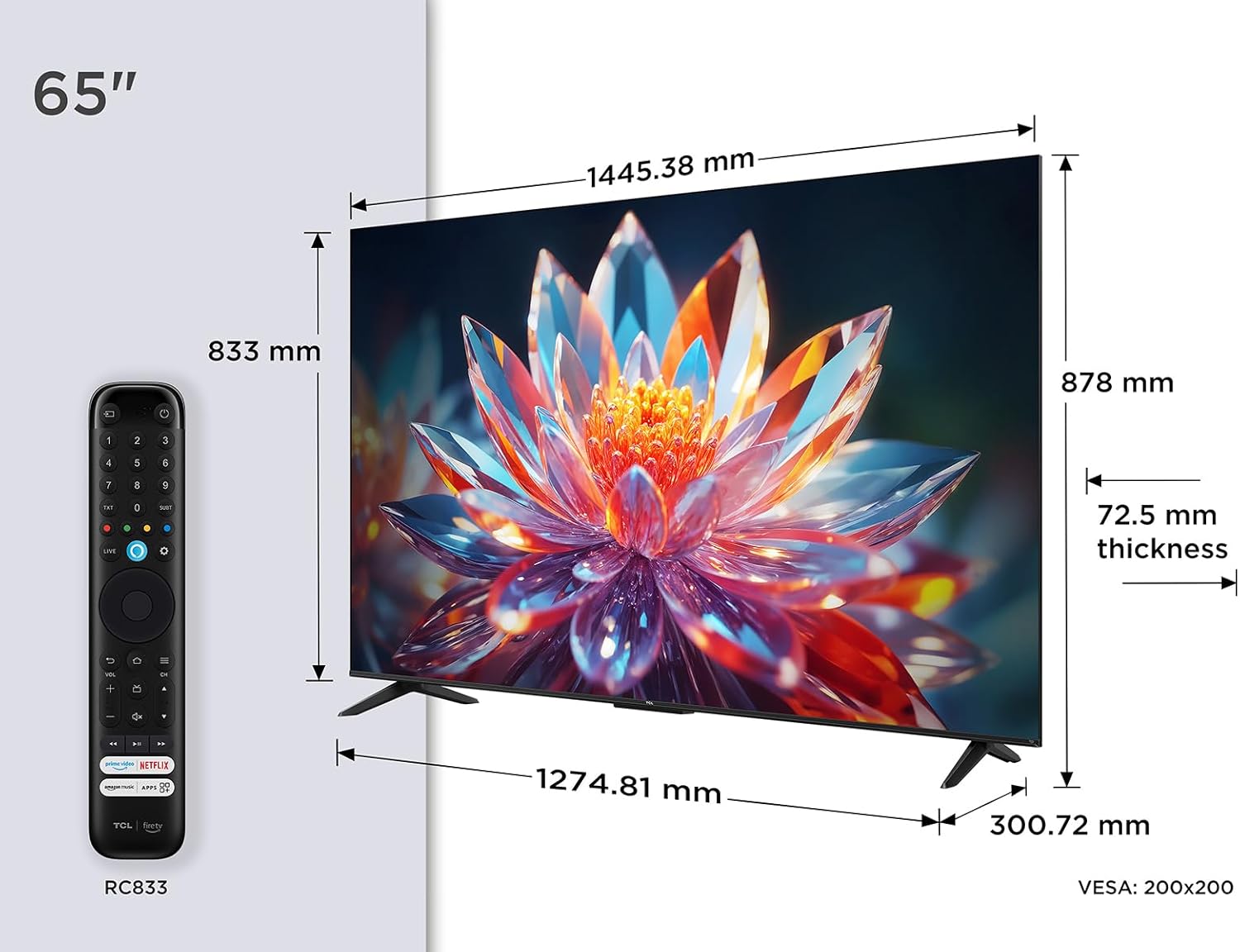 TCL 65T6C Televisor 65 Pulgadas QLED 4K, Smart TV con Fire TV, Dolby Vision y Atmos, HDR10+, Game Master, VRR y ALLM, Control por Voz Alexa 3