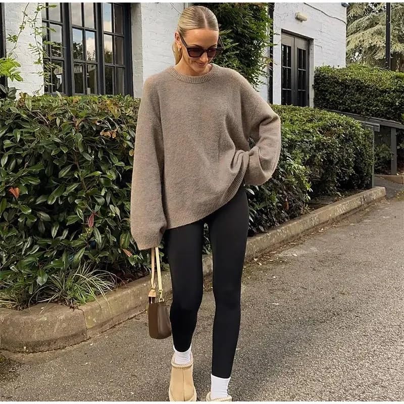 Women Solid Round Neck Sweater Pullover Casual Long Sleeve Loose Warm Knitwear Jumpers Top2