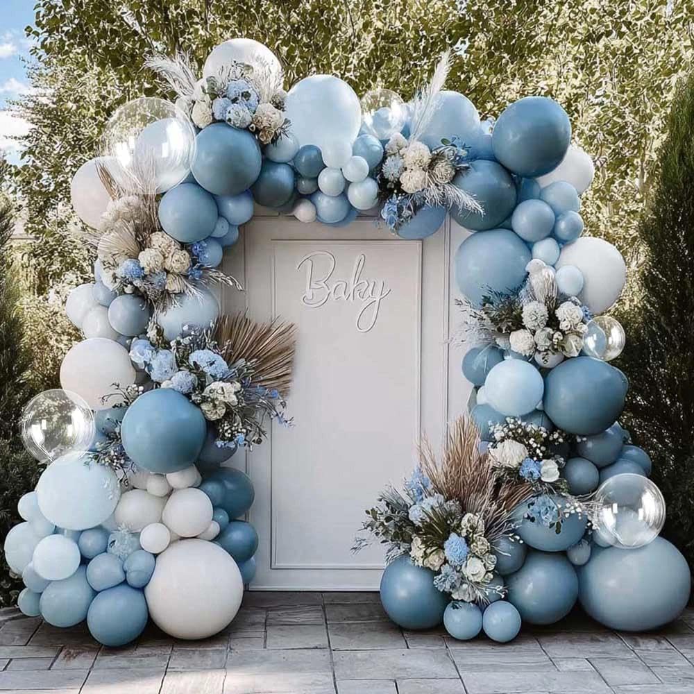 Dusty Blue White Balloon Arch Kit Double Stuffed Pastel Slate Blue White Matte Latex Balloon Garland for Baby Shower Birthday Bridal Wedding Mothers Day Party
