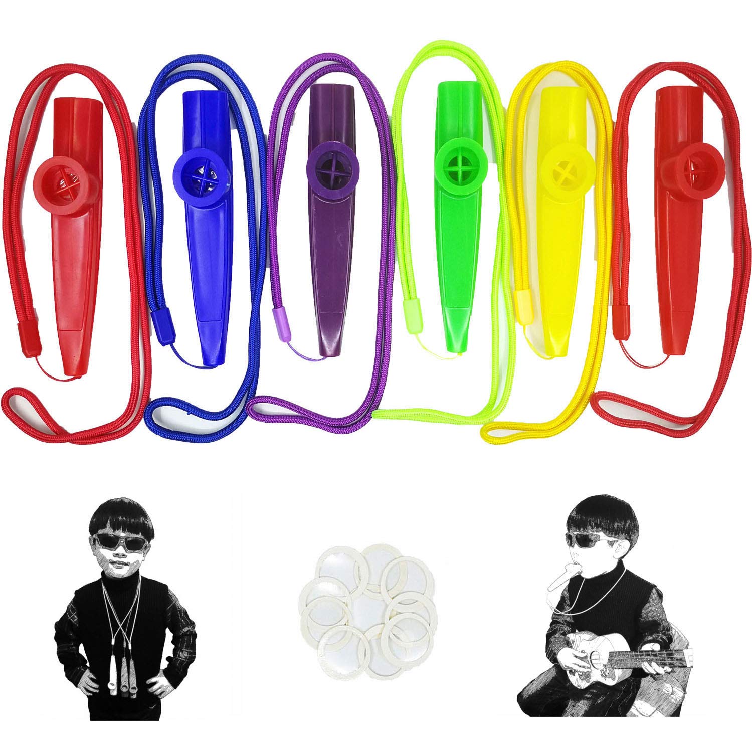 Fartime 12Pcs Plastic Kazoos With Lanyards,With 20Pcs Kazoo Flute Diaphragms，Musical Instruments,Good Gift for Kids,A Good Companion for Ukulele, Violin, Guitar,Piano Keyboard.
