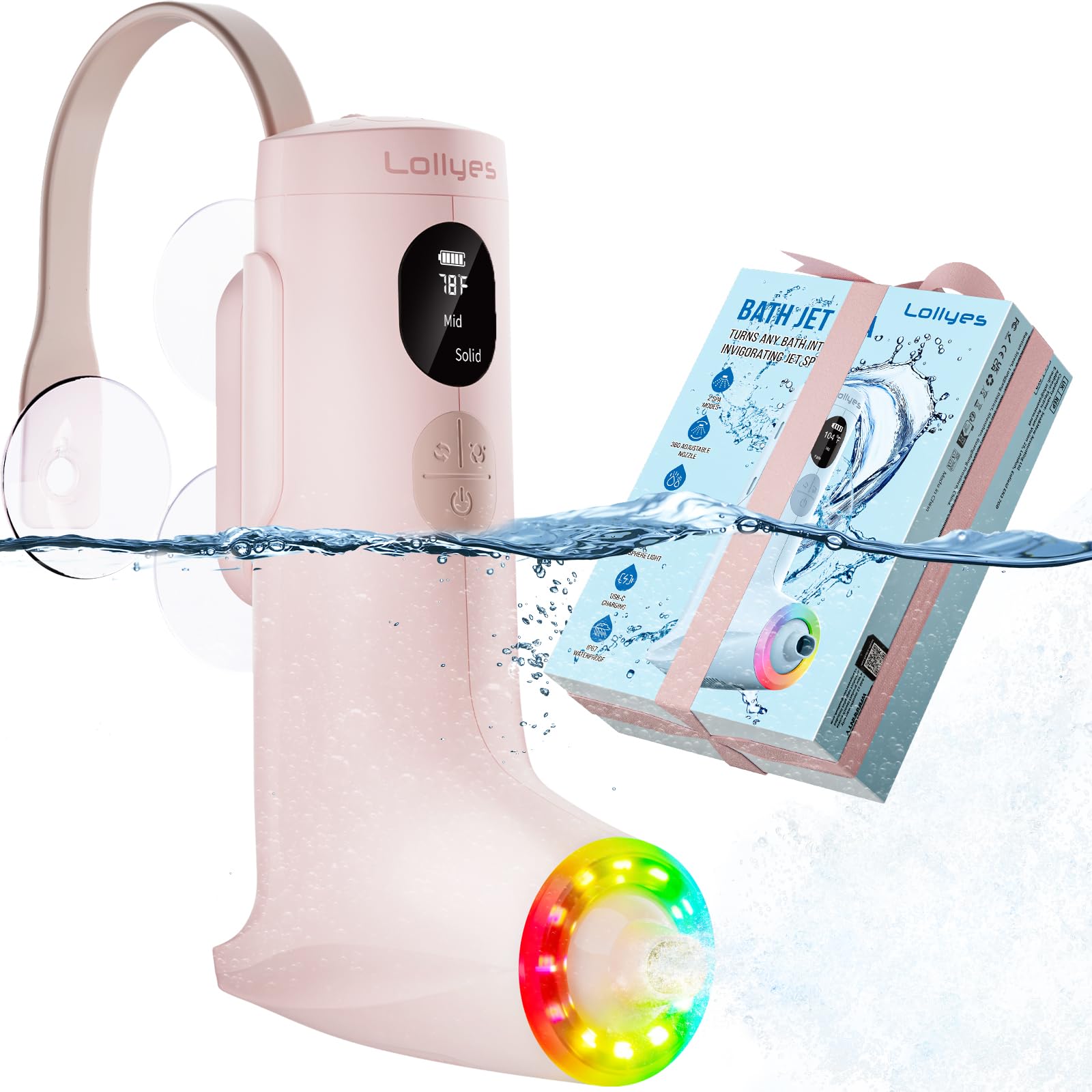 Spa Idromassaggio a Bolle per Vasca da Bagno con Doppie Modalità di Idroterapia, Flusso d’Acqua a 3 Livelli, Impermeabile IP68, Luce LED, Wireless Batteria da 2600mAh (Rosa)