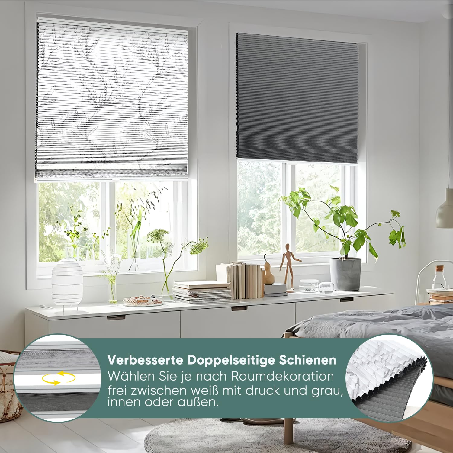 Sekey Store plissé en nid d'abeille - sans perçage - 100% occultant - Opaque - Klemmfix - Rail en Aluminium - Blanc au Choix - Impression et Gris - 60 x 130 cm (l x h)