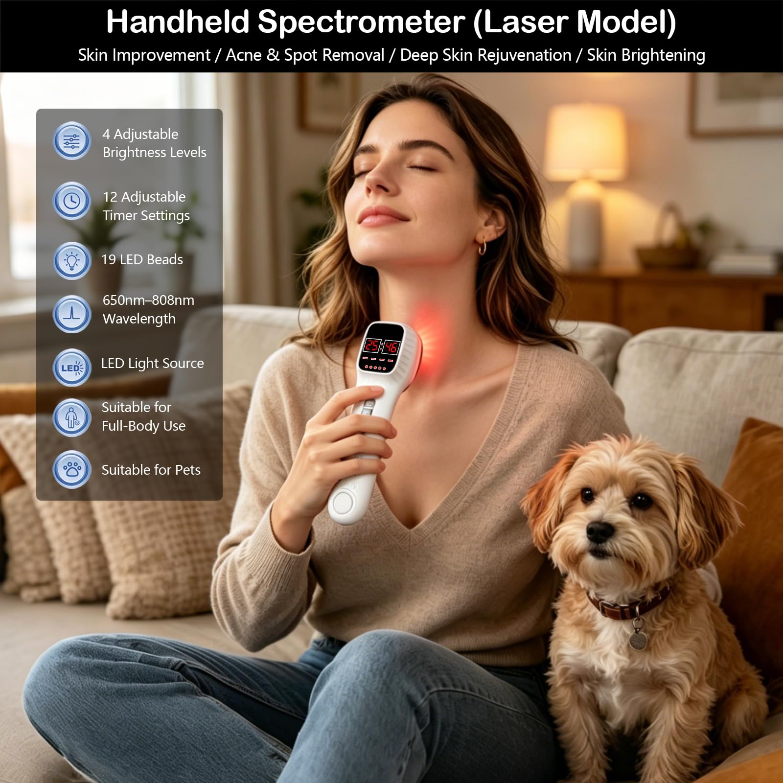 Dispositivo de terapia láser portátil para humanos y mascotas, con soporte y gafas de protección 16 × 650 nm + 3 × 808 nm regulación de intensidad en 4 niveles para todo el cuerpo