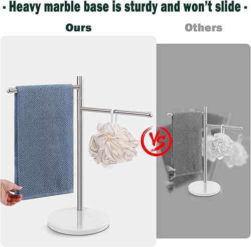 Miniatura 6 de BathAce Toallero de mano, soporte para toallas de mano en forma de F con base de mármol, soporte de acero inoxidable con 2 brazos giratorios,