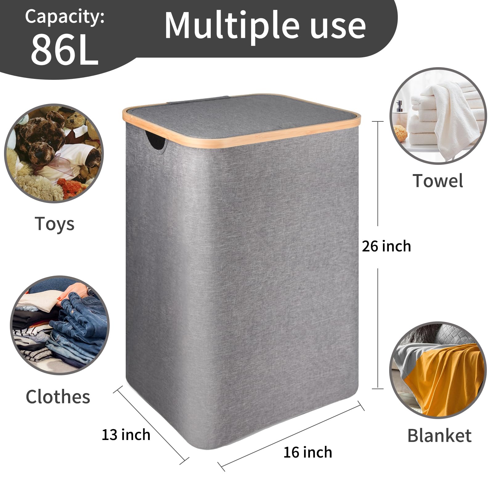 Cesto portabiancheria con coperchio, 86 l, con manici in bambù e borsa interna rimovibile, cesto per vestiti sporchi, per camera da letto, armadio, bagno, grigio