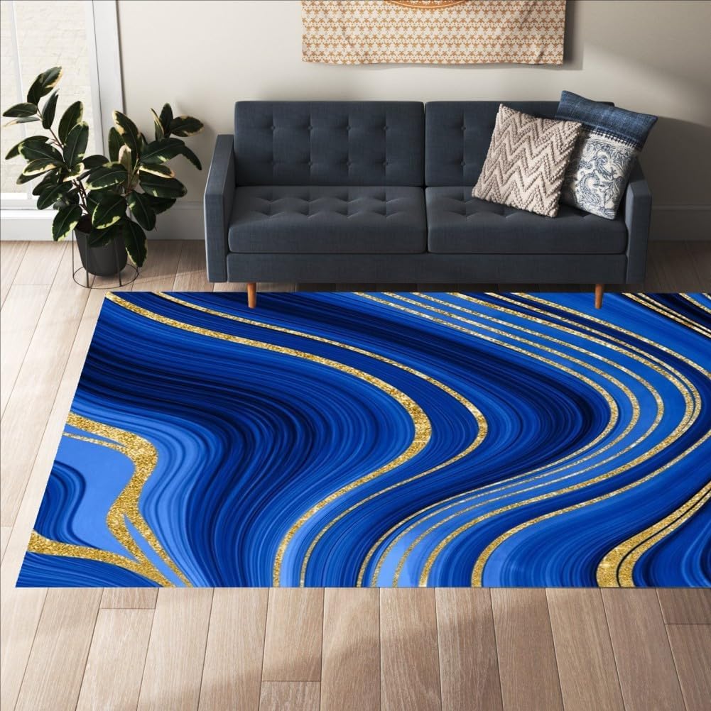 Marble Stripe Gradient Modern Abstract Washable Royal Blue Gold Area Rug 5x7 Non Shedding Wool Soft Unique Aesthetic Rug for Bedroom Diningroom Lux Art Deco Office Dorm Indoor Floor Carpet