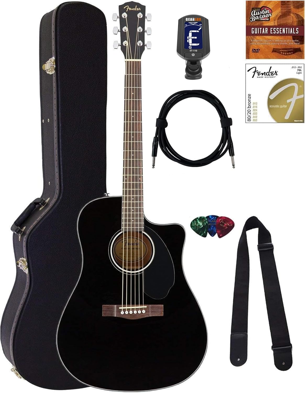 Fender CD-60SCE Solid Top Dreadnought Acoustic-Electric Guitar - Black Bundle with Hard Case, Instrument Cable, Tuner, Strap, Strings, Picks and Austin Bazaar Instructional DVD