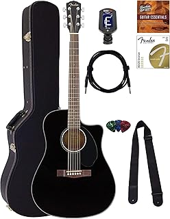 CD-60SCE Solid Top Dreadnought Acoustic-Electric Guitar - Black Bundle with Hard Case, Instrument Cable, Tuner, Strap, Strings, Picks and Austin Bazaar Instructional DVD