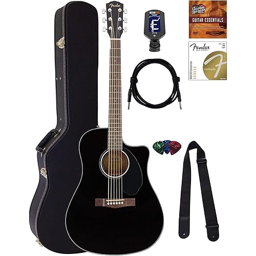 Fender CD-60SCE Solid Top Dreadnought Acoustic-Electric Guitar - Black Bundle with Hard Case, Instrument Cable, Tuner, Strap, Strings, Picks and Austin Bazaar Instructional DVD