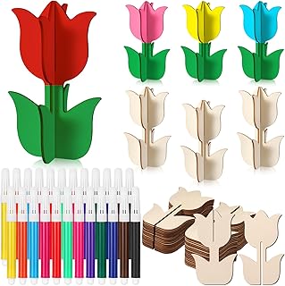 Chivertion 52 Pcs Spring Crafts Set 28 Thicken Wooden 3D Flowers to Paint Unfinished Tulips Cutouts DIY Slices Ornaments with 24 Colored Pens Tiered Tray Table Decor Mothers Day Gifts