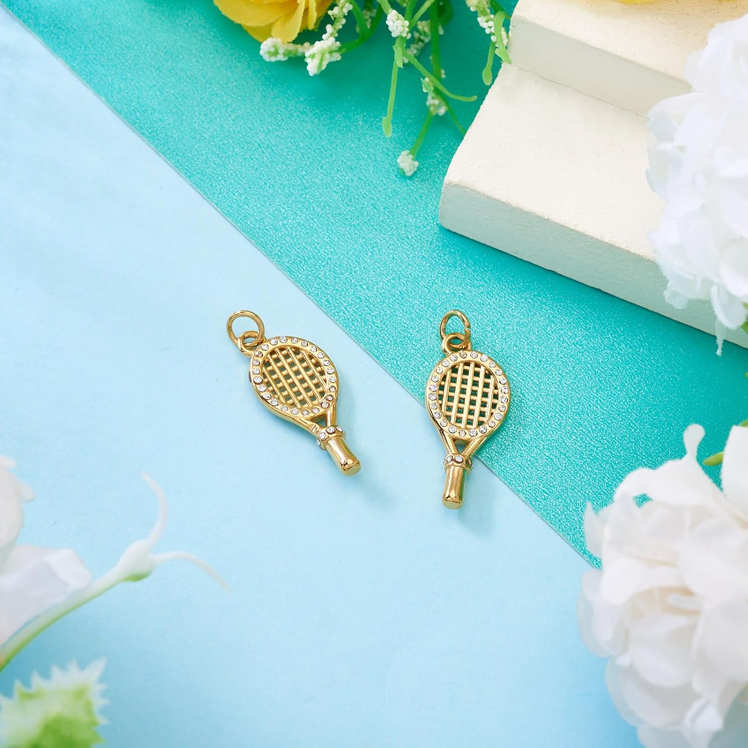 Pandahall 2Pcs Cubic Zirconia Tennis Racket Charms 18K Gold Plated Metal Ball Game Sports Pendants Bling Tennis Racquet Dangle Charms for Necklaces Bracelets Jewelry Making image 2