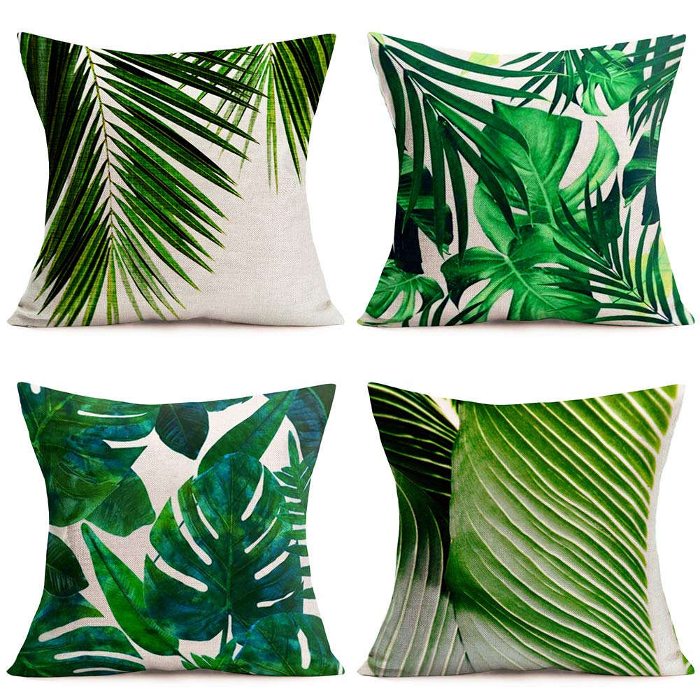 Tlovudori 4Pack Spring Summer Tropical Green Leaf Throw Pillow Covers Vintage Palm Banana Leaves Pillowcases Cotton Linen 18x18Inch Hidden Zipper Home Sofa Cushion Decorative Pillowcase (PB-Green)