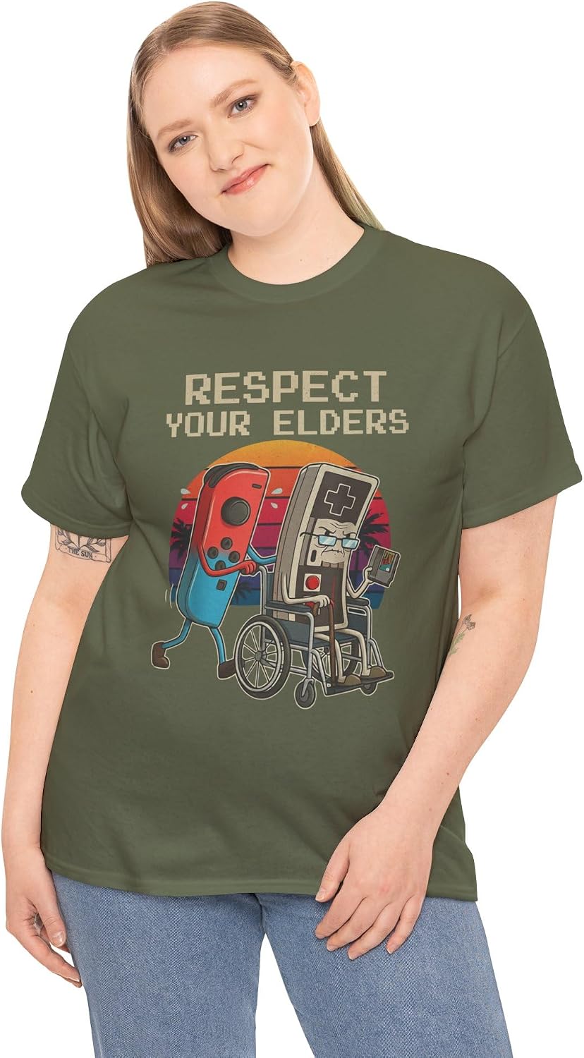 Respect Your Elders Funny Retro Gaming Controller Graphic 8-Bit Pixel Art Humor Military Green