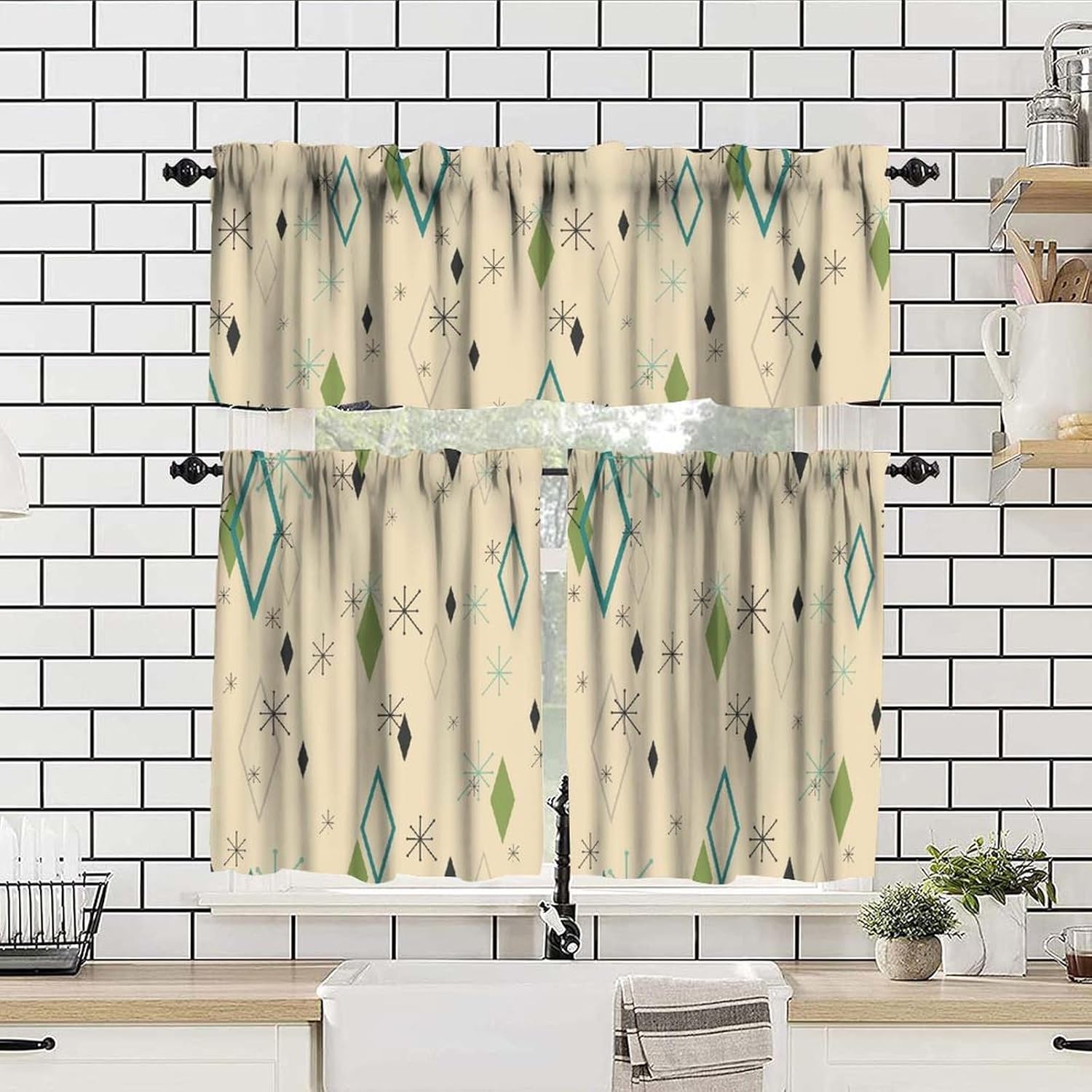 Mid Century Kitchen Valance Curtains,Abstract Geometric Mid Century Retro Modern Print Window Treatments for Kitchen Living Room Bathroom 54''x18''+27''x24''x2（3 Piece）