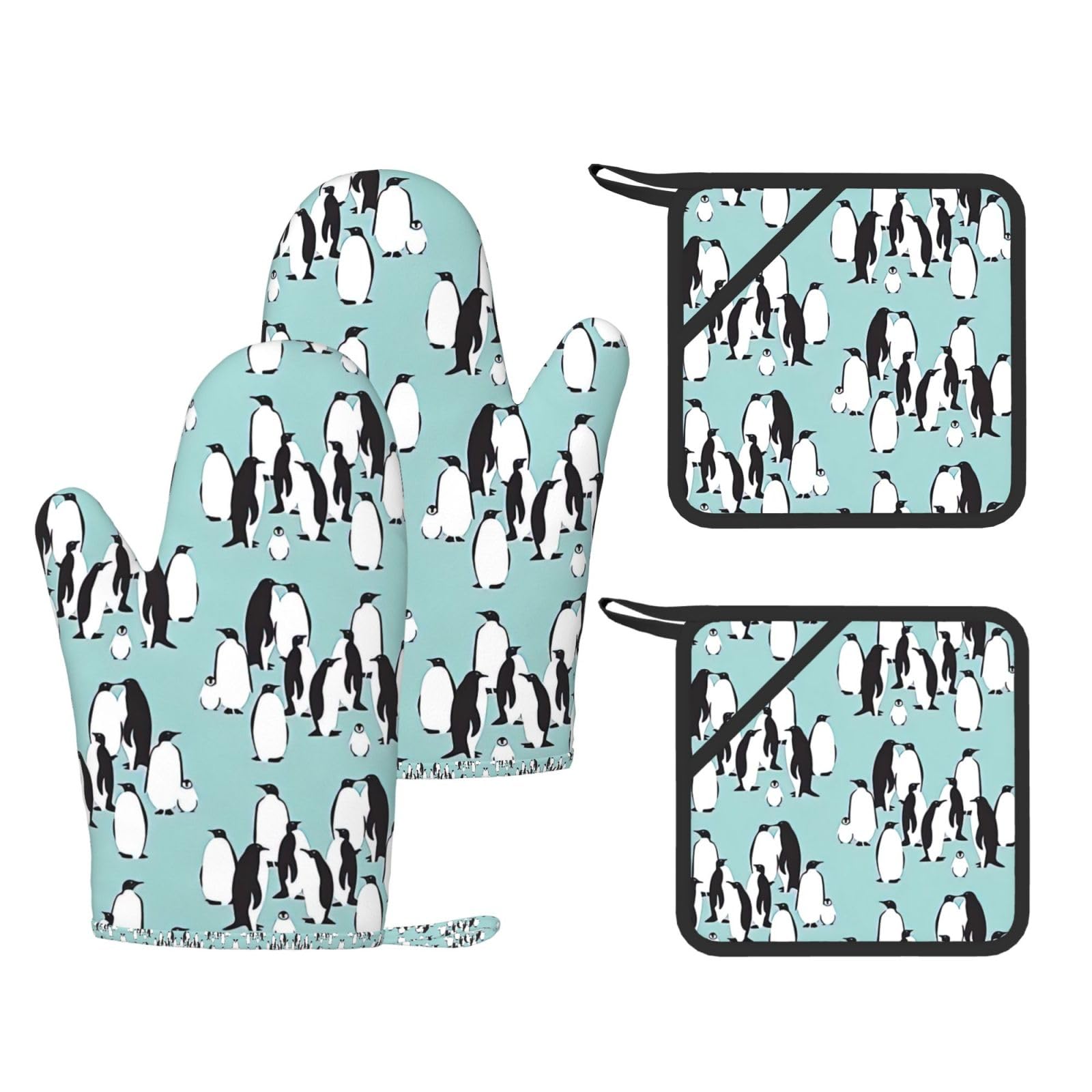 Cute Penguins Trendy Printed Kitchen Set with Heat Resistant Gloves & Non-Slip Hot Pads for Baking & Grilling