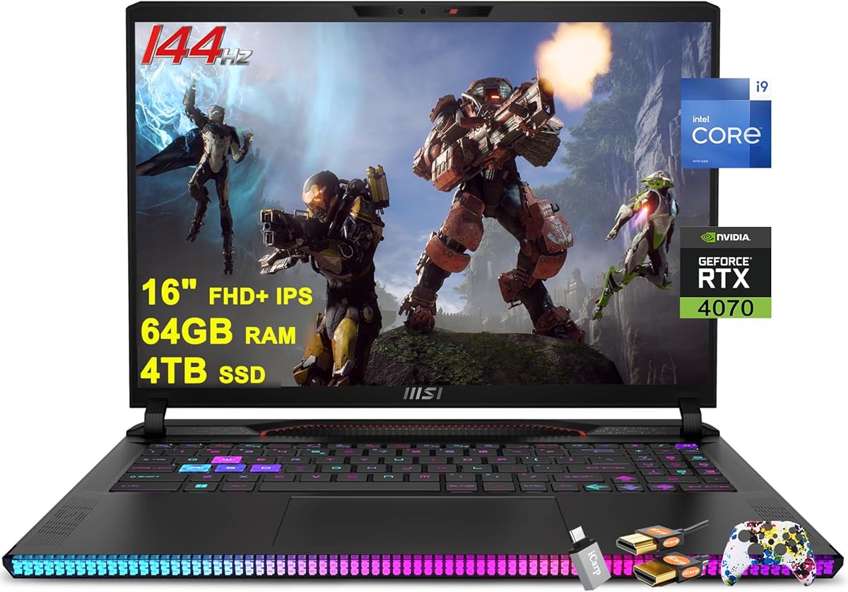 MSI Raider GE68HX Gaming Laptop 16" FHD+ IPS 144Hz Intel 24-core i9-14900HX 64GB RAM 4TB SSD GeForce RTX 4070 RGB Backlit Thunderbolt4 USB-C Dynaudio FHD IR Privacy Camera Win11 w/ICP Accessory : Electronics