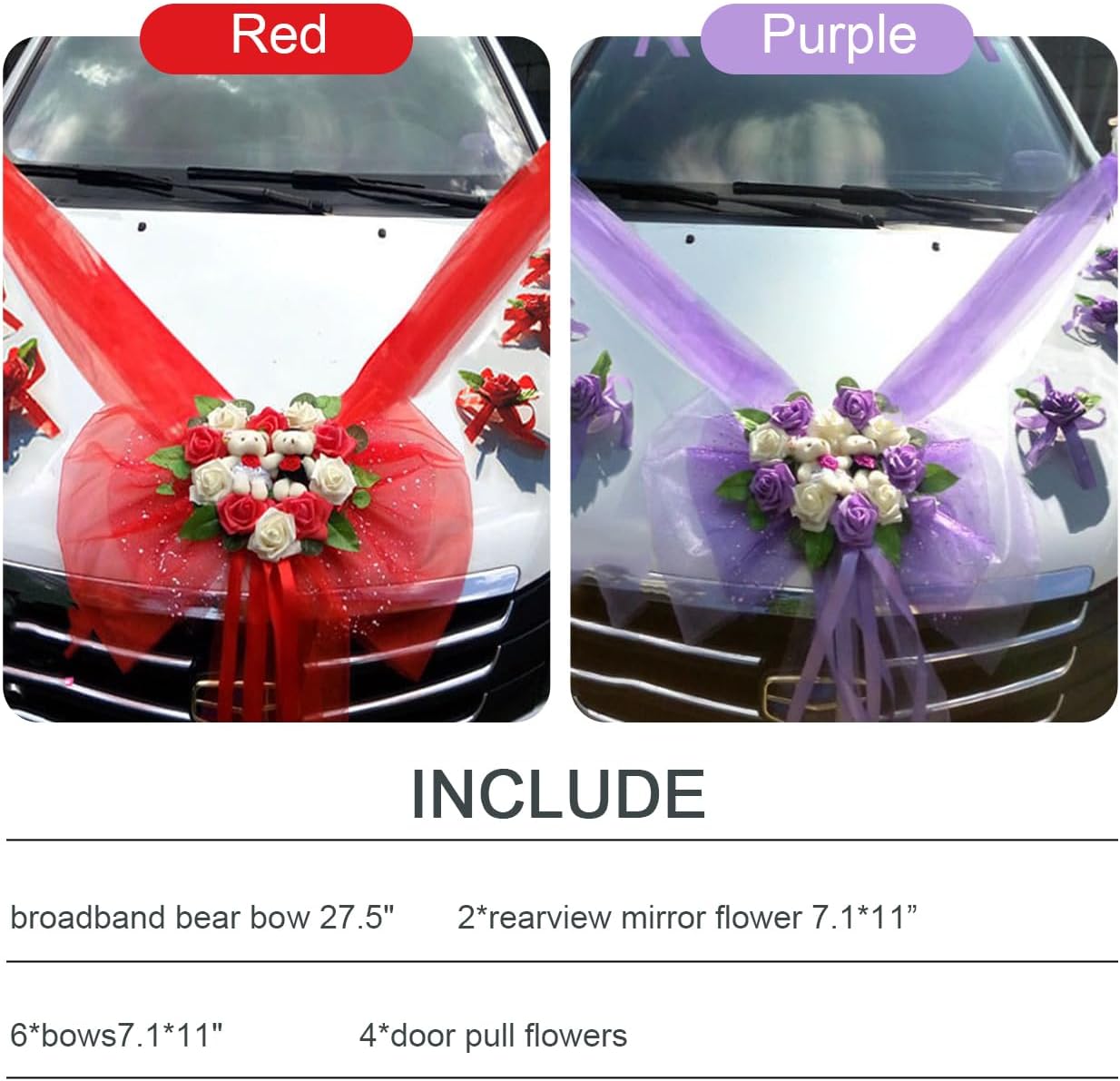 Artificial Wedding Car Flowers Plate Ribbon Bows Set with Silk Organza Wreaths Plush Mini Bear Door Handle Ornaments DIY Wedding Accessories Decorative Supplies for Party Events Red