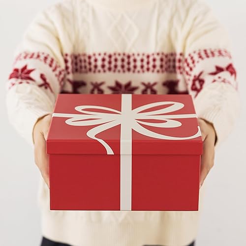 Miniatura 7 de Soul & Lane Cajas decorativas cuadradas de Navidad con tapas, juego de 4 unidades, color rojo festivo, cajas de regalo reutilizables grandes para