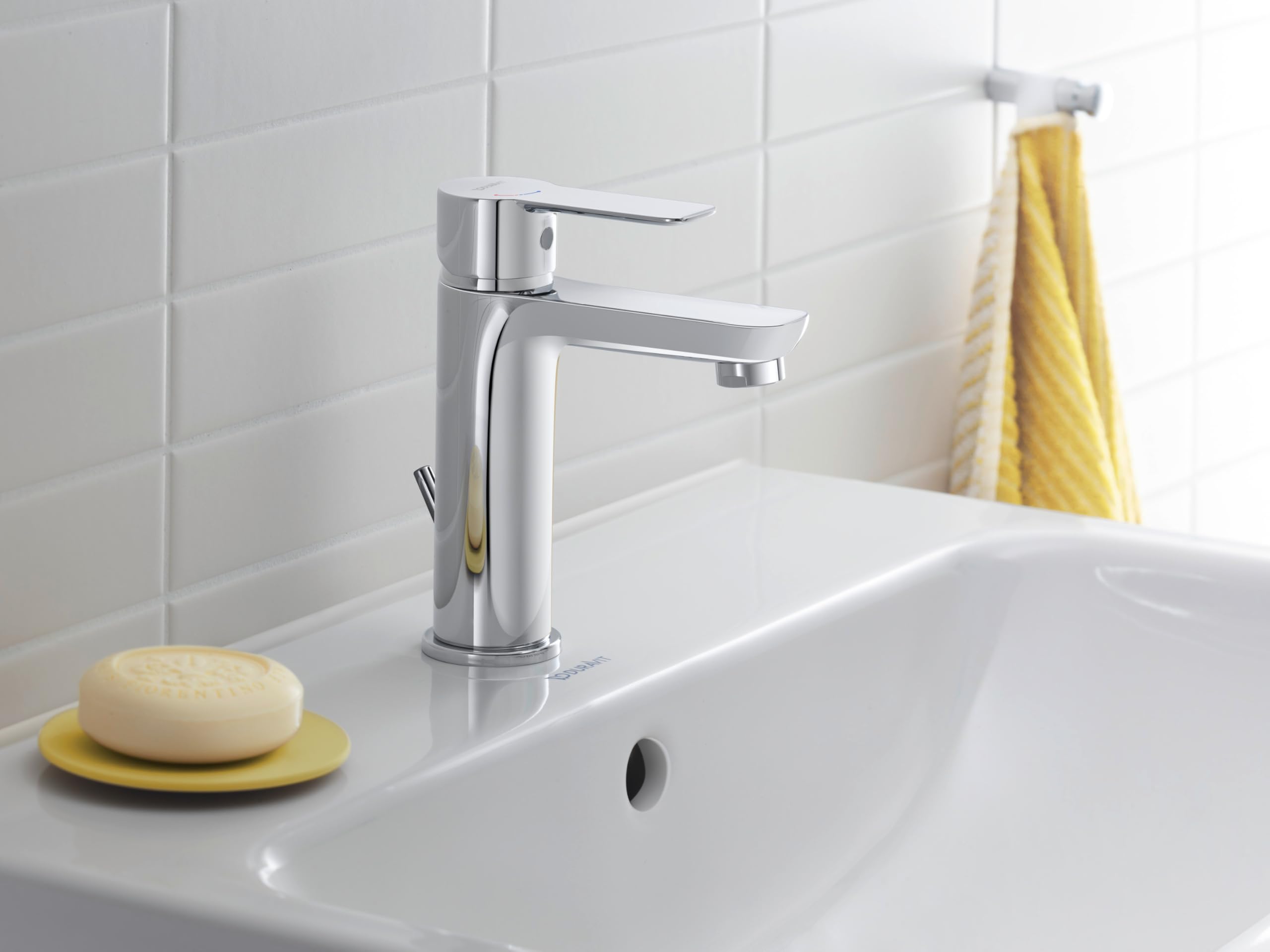 Duravit Bateria umywalkowa D-Code, rozmiar M (wysokość wylewki 167 mm), energooszczędna bateria umywalkowa (FreshStart), oszczędzający wodę kran łazienkowy (MinusFlow), z zestawem odpływowym z