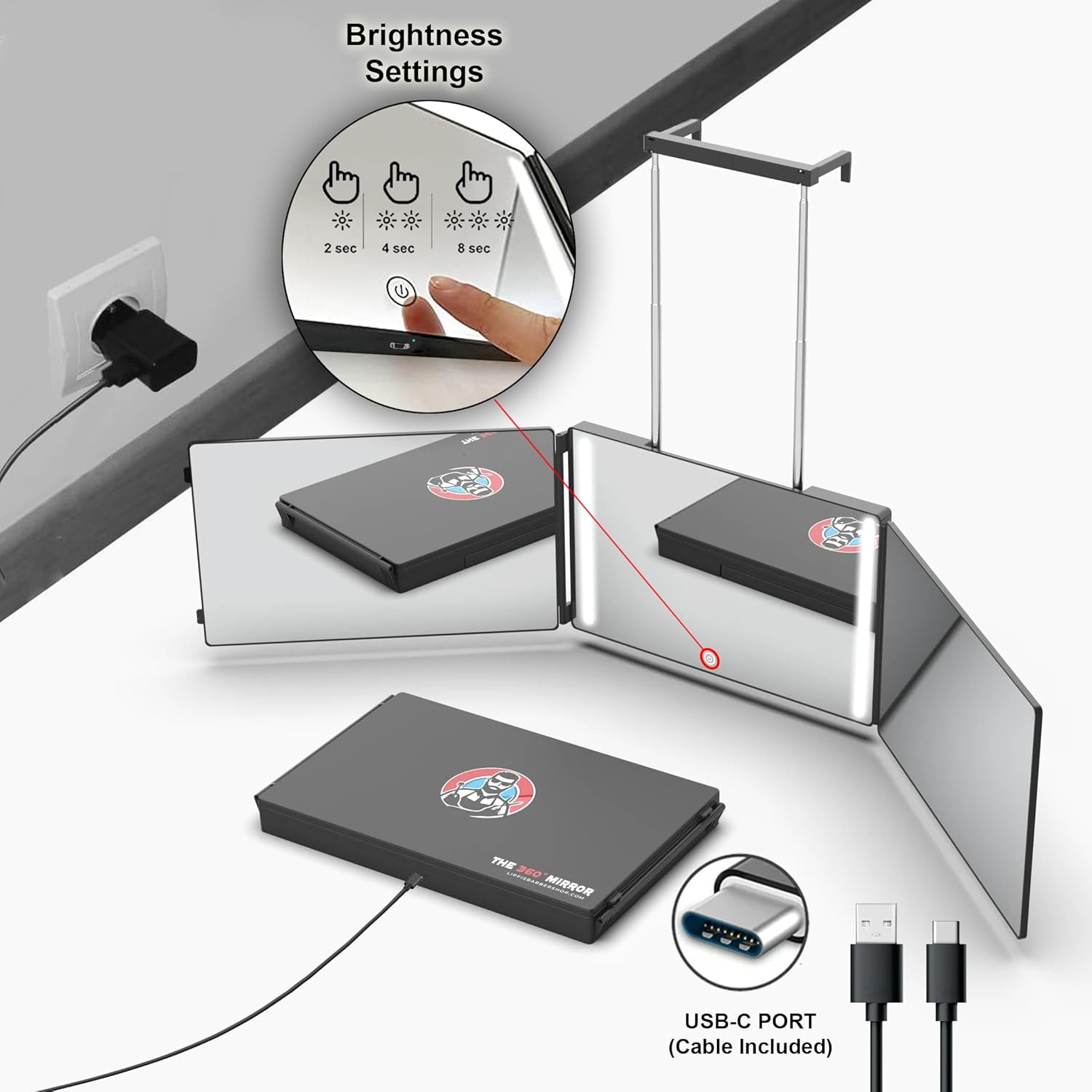 The 360 LED Mirror - Adjustable Telescoping Hooks, Perfect Self Haircut Mirror for Men - 3 Way Mirror for Hair Cutting - Mirror to Cut Your Own Hair (With LED Lights) : Industrial & Scientific