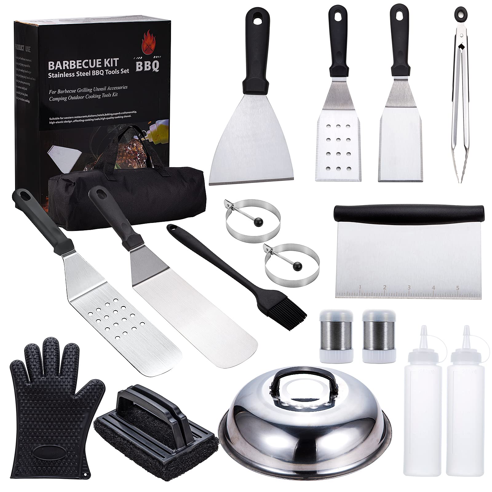 Bopei Griddle Accessories Kit, 17PCS Griddle Grill Tools Set with Heavy Duty Scraper, Spatulas, Lid, Tongs, Chef are Widely Used in Outdoor Camping Breakfast Cooking Flat Grill Uensils