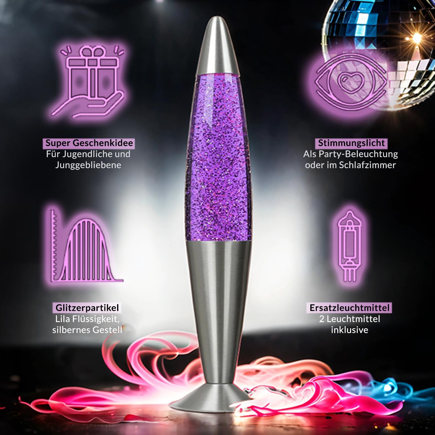 Easylight Lavalampe Lila mit Glitzer, Silber Glitzerlampe, Retro, Wohnzimmer, dekorativ, H:42 cm, G9, inklusive Leuchtmittel, aufregend, Glitter, Tischleuchte JENNY