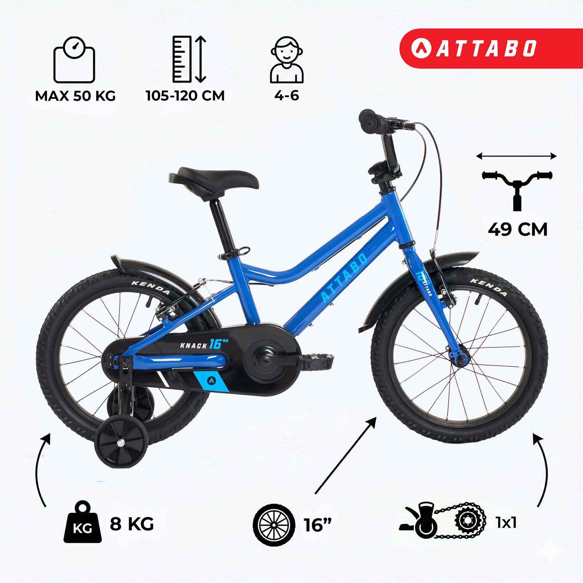 ATTABO Knack 16 - Bicicleta Infantil (5-7 años) con Cuadro de Aluminio Ligero (9 kg), Ruedas de 16 Pulgadas, para 110-120 cm, Manillar ergonómico, Estable y Ligero, Ideal para el Aprendizaje