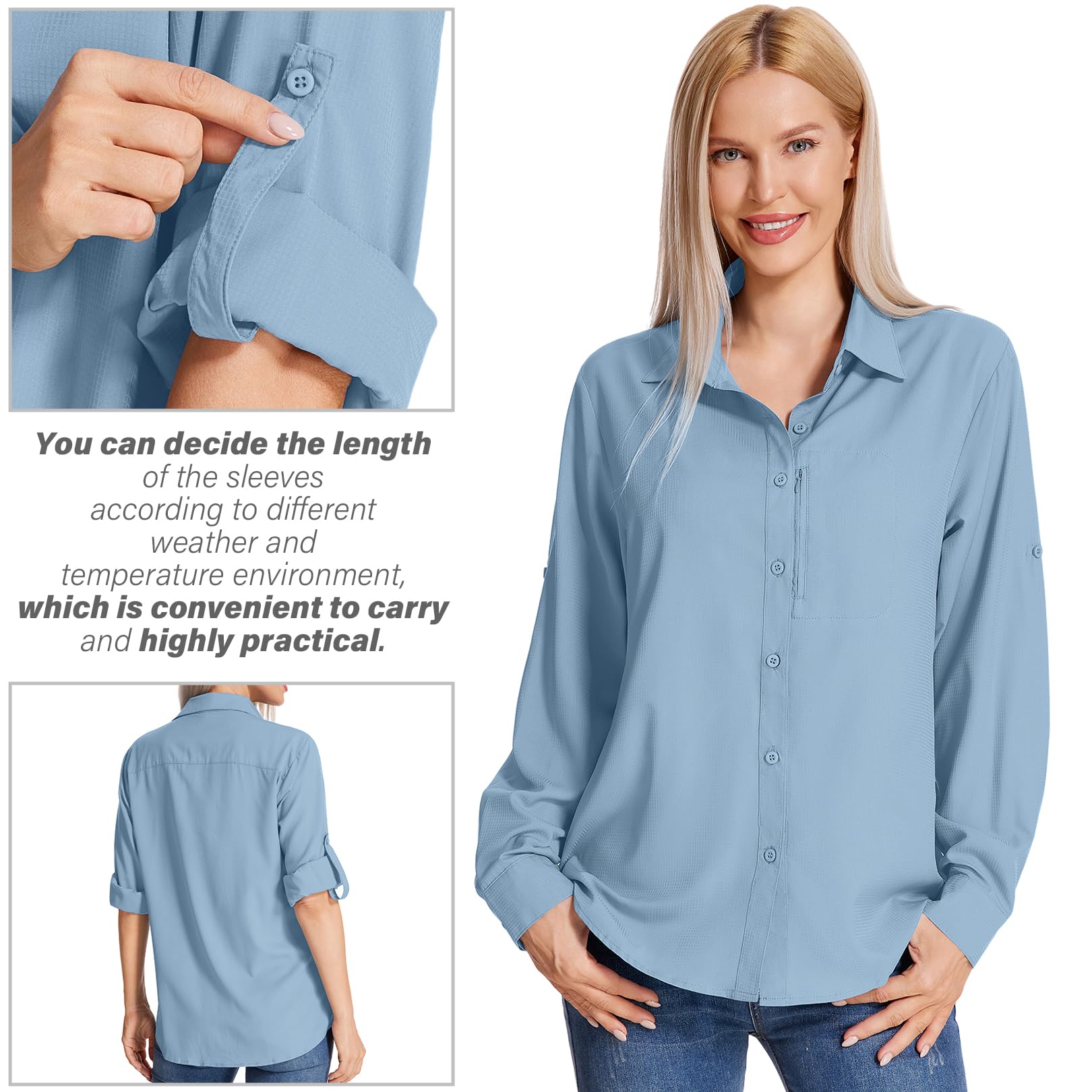 yeyity Damen Hemdbluse UV Schutz Langarmshirt Damen Schnell Trocknende Sport Shirts Wandershirt Safari Casual Button Up Tops Strandurlaub Elegant Bluse