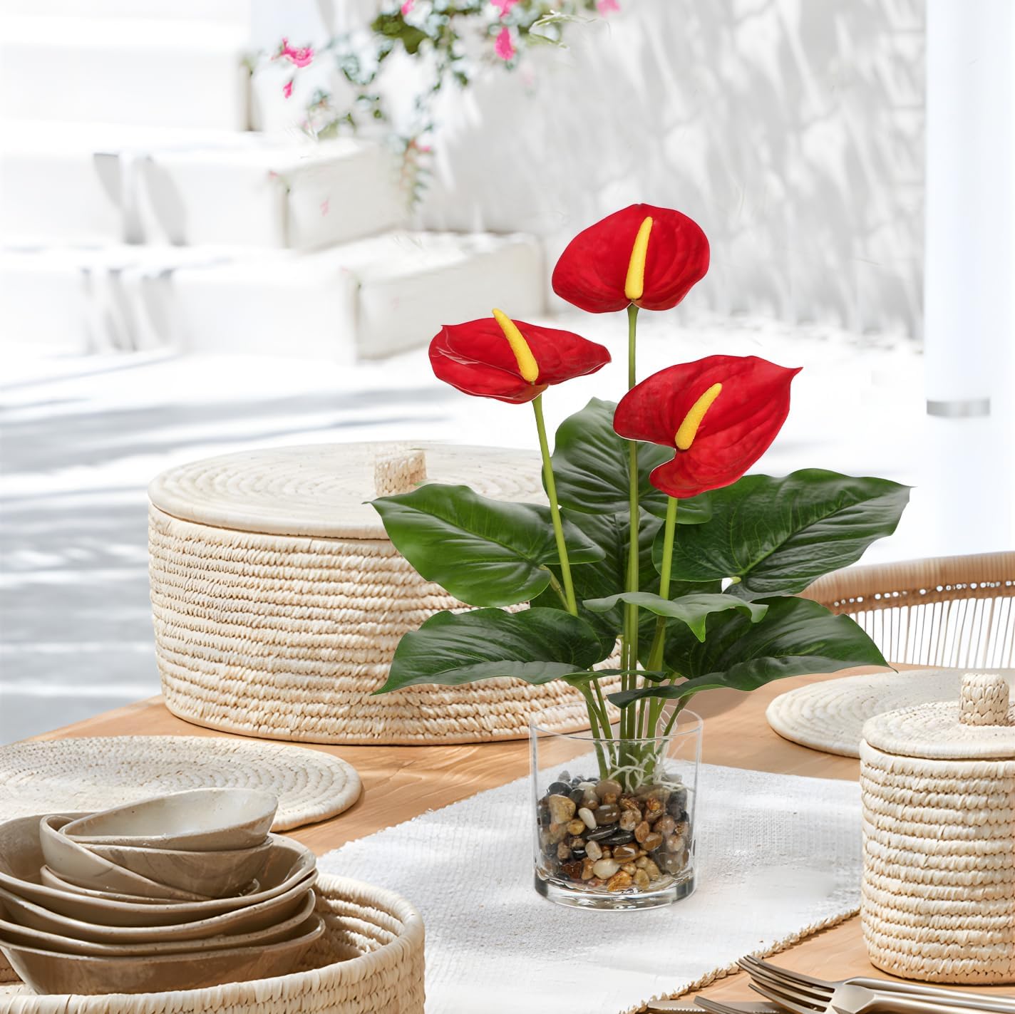 Fake Flowers in Vase 15.4" Red Anthurium Artificial Flowers with Vase Tropical Flowers Artificial Realistic Faux Flower Glass Silk Flower Arrangements for Home Bathroom Kitchen Table Centerpiece