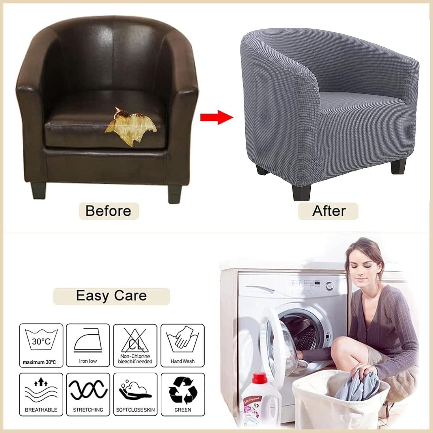 Stretch Jacquard Barrel Chair Cover Solid Color Club Chair Slipcover Washable Barrel Chair Cover Stylish Furniture Protector for Living Room Bedroom Office -Grey-A