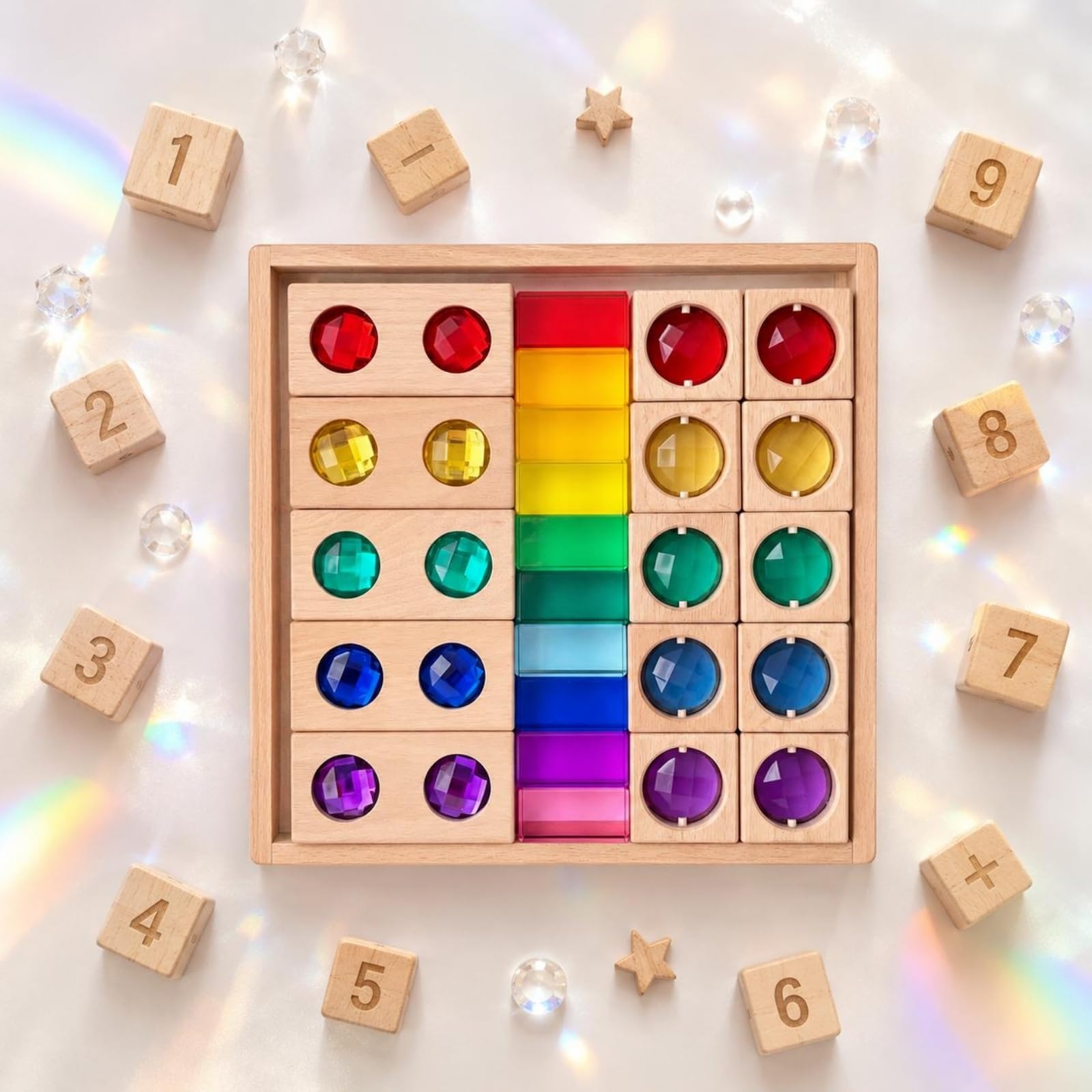 Sinnes-Stapelspiel transparent pädagogisch-Steckspiel farbig Regenbogen-Stapelspielzeug, Regenbogen-Edelsteine Und Holzblöcke Set 3