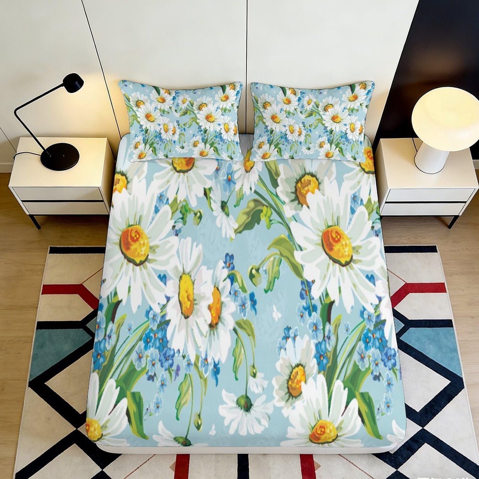 Pnayamiorkfel Style-5 3D Printed Daisy Meadow Fitted Sheet Microfiber Anti-Slip Floral Sky Blue Mattress Cover Bedroom Decor Easy Care 90X200x25cm