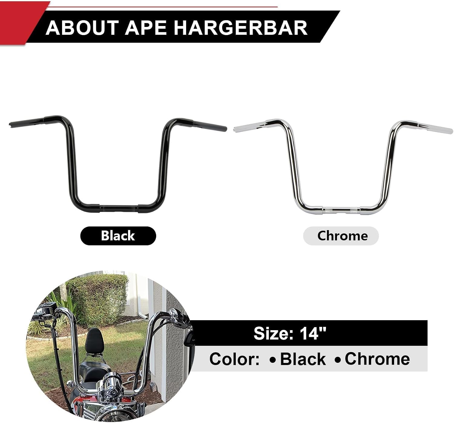 Ape Hanger Motorcycle Handlebars 1-1/4" Bar - Ohhmoto for FLST FXST XL 883 1200 Softail Slim Heritage Deluxe Deuce Dyna Super Glide Wide Glide Low Rider Fat Bob Rise 14" Chrome