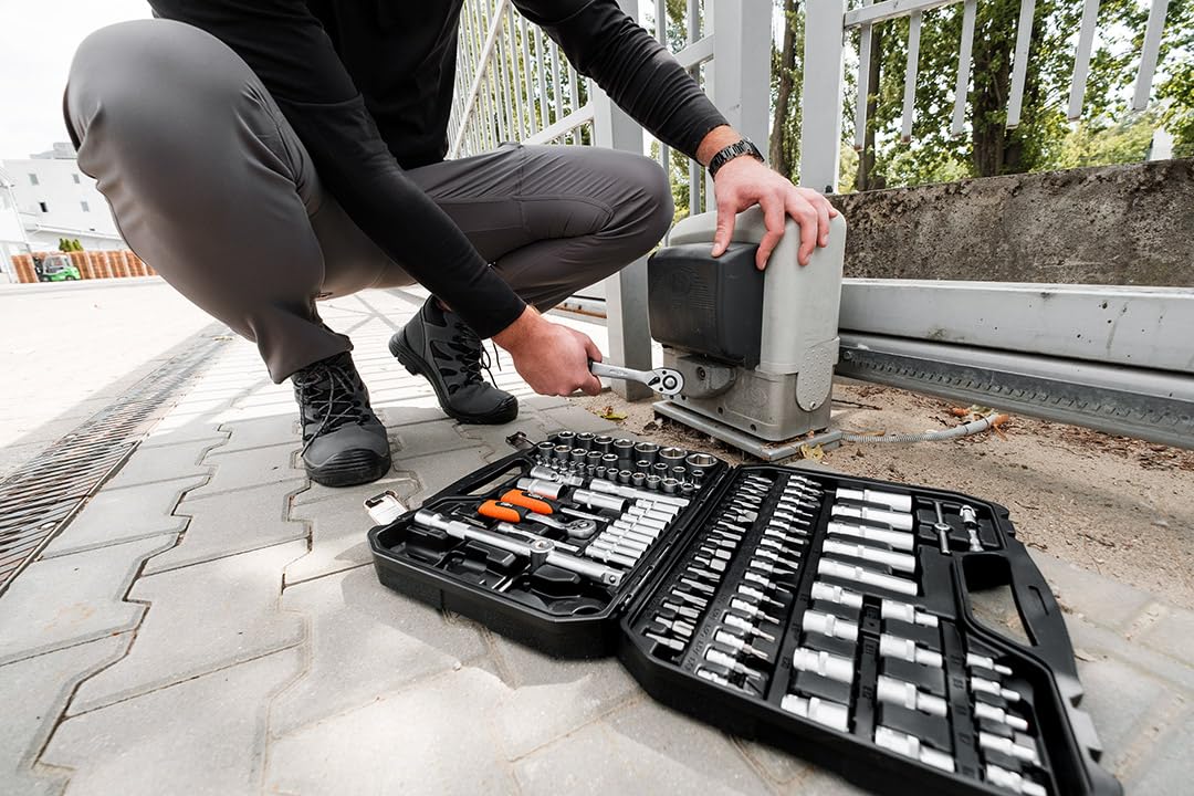NEO TOOLS Juego de 110 llaves de vaso universales de 1/2" y 1/4" de acero al cromo vanadio con 72 dientes finos, incluye insertos Torx, tuercas hexagonales