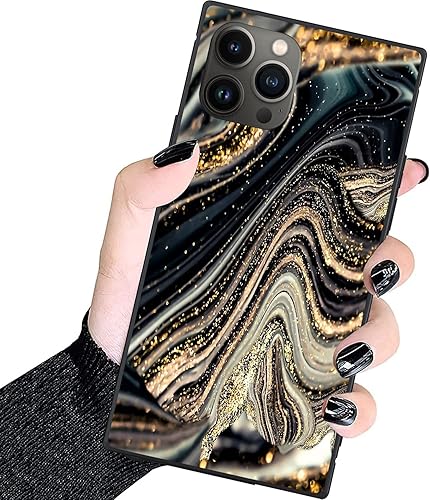 Funda cuadrada de lujo para iPhone 15 Pro Max, funda cuadrada con diseño de mármol de geoda de ónix negro y dorado para mujeres y hombres, funda de