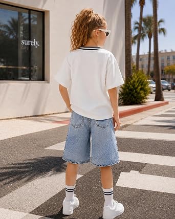 Azmxynol Tween Girl Clothes Summer 2 Piece Outfit Set Trendy Tee Shirt + Denim Shorts, Size 7-16 Years