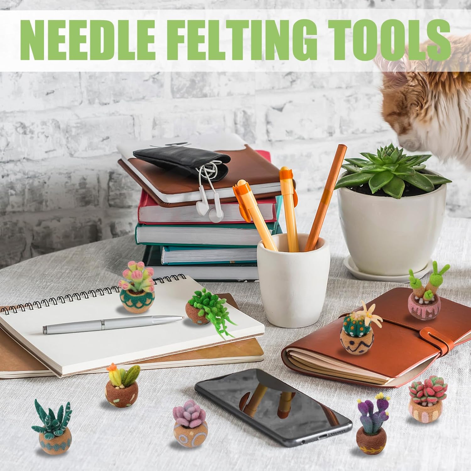 15 Pieces Succulent Plants Needle Felting Kit, Wool Felting Kit with Pad, Finger Cots, Needle, Wooden Felting Tool, Instruction, Needle Felt Start Kit Supplies for Beginners Adult DIY (15 Pieces)