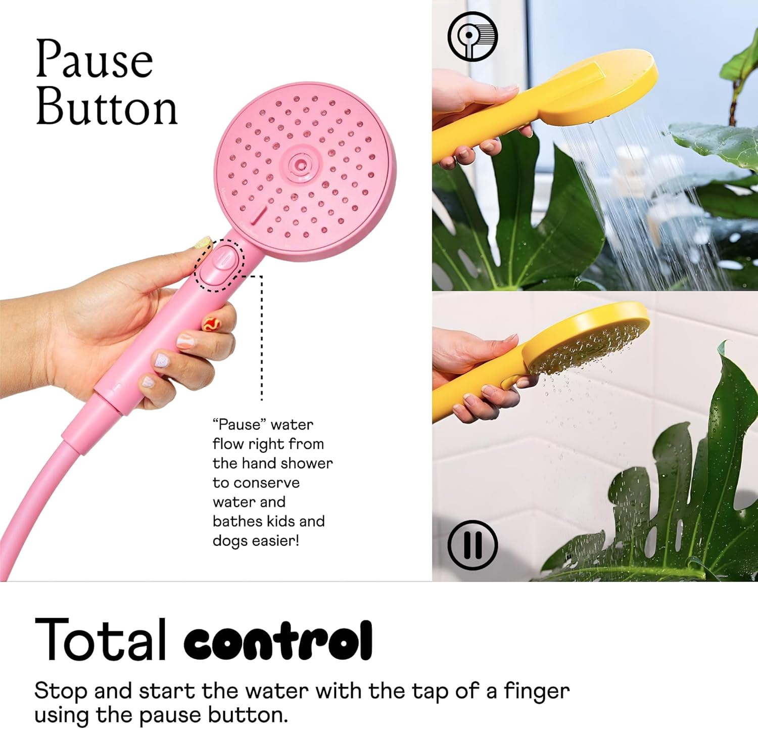Sproos - Handheld Shower Head, High Pressure, 3 Spray Functions Plus Pause, Extra Long 70 Inch Hose - Eco-friendly Materials - Easy DIY Installation - High Pressure Performance - Pink
