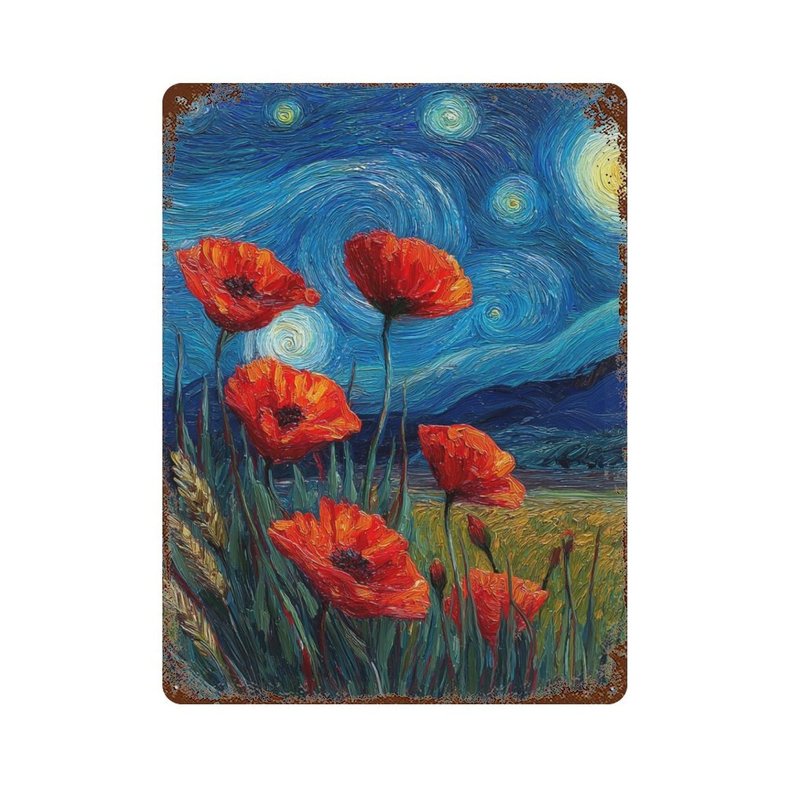Starry Night Poppies -7 15.7"x11.8" Rust Effect Tin Sign, Industrial Home Decor for Living Room, Hallway And Home Decor