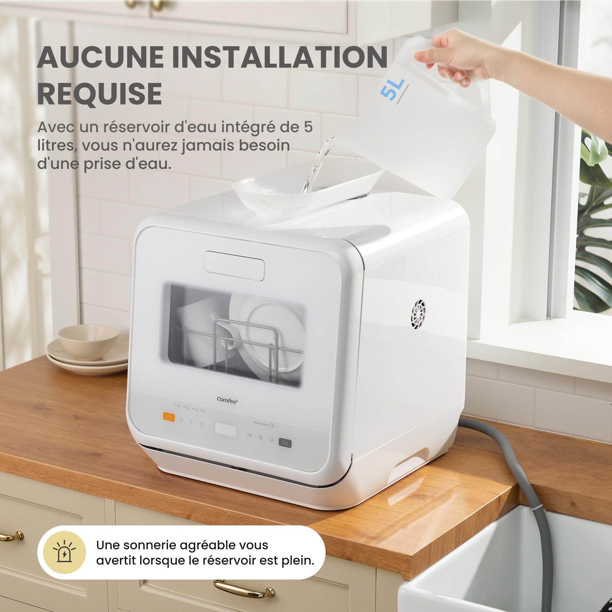 COMFEE' Lave-vaisselle de comptoir, mini lave-vaisselle de table, 6 programmes, lavage à la vapeur, sans plomberie, démarrage différé, blanc