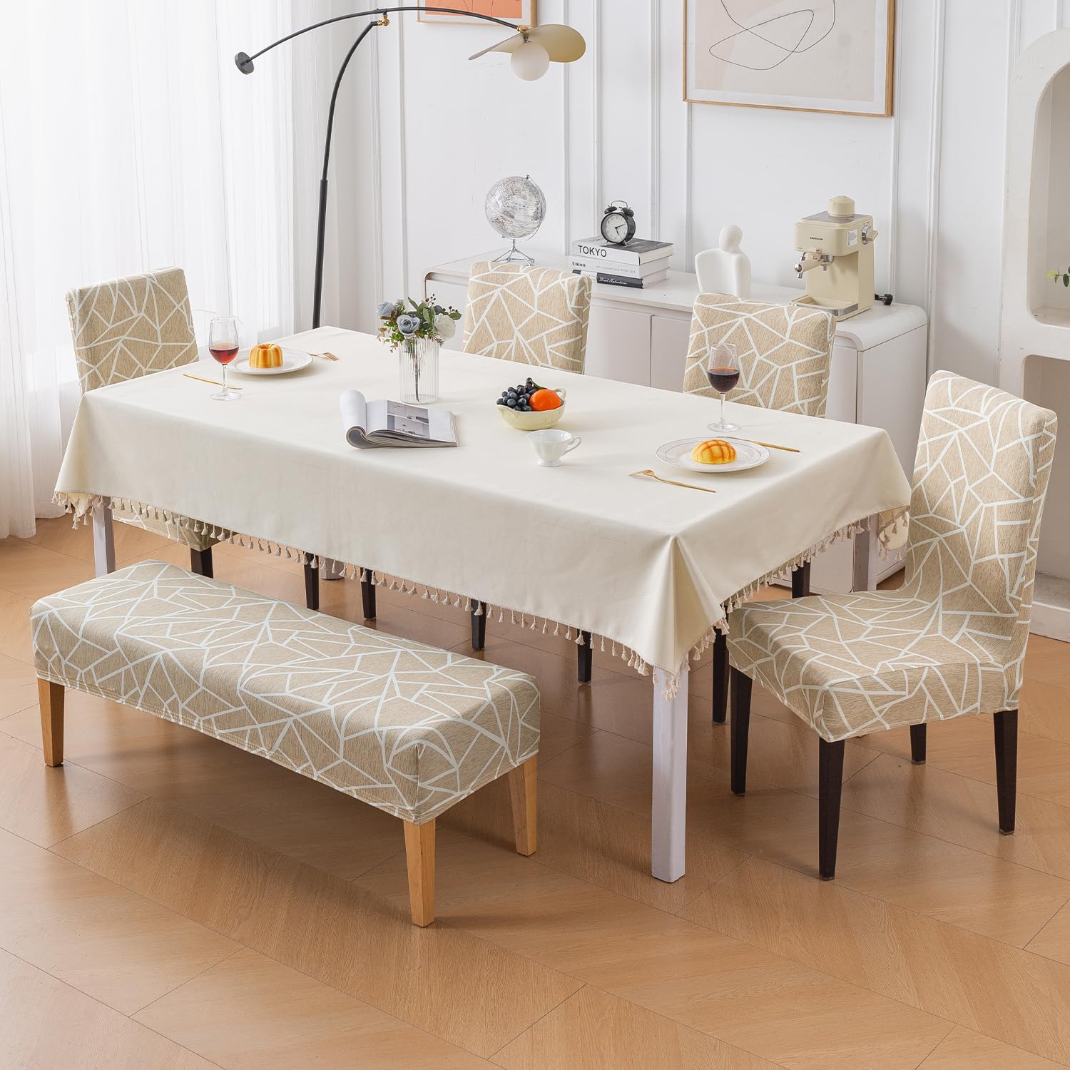 HOKIPO Dining Chair Covers - Beige Abstract Art -8