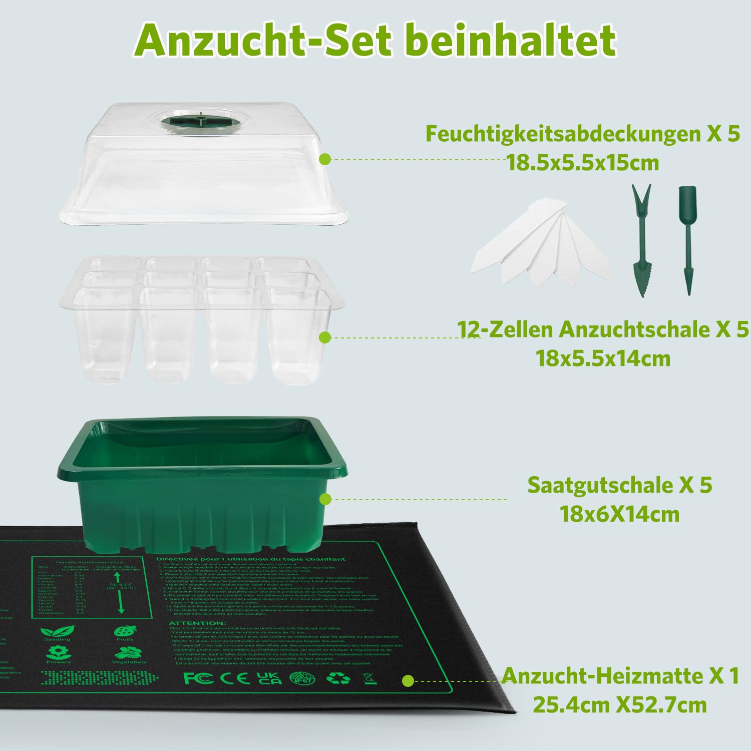 NAMOTEK Station de Germination 5 pièces avec Tapis Chauffant et couvercles – 60 cellules, Mini-Serre chauffée pour semis – Kit de Germination avec Tapis Chauffant