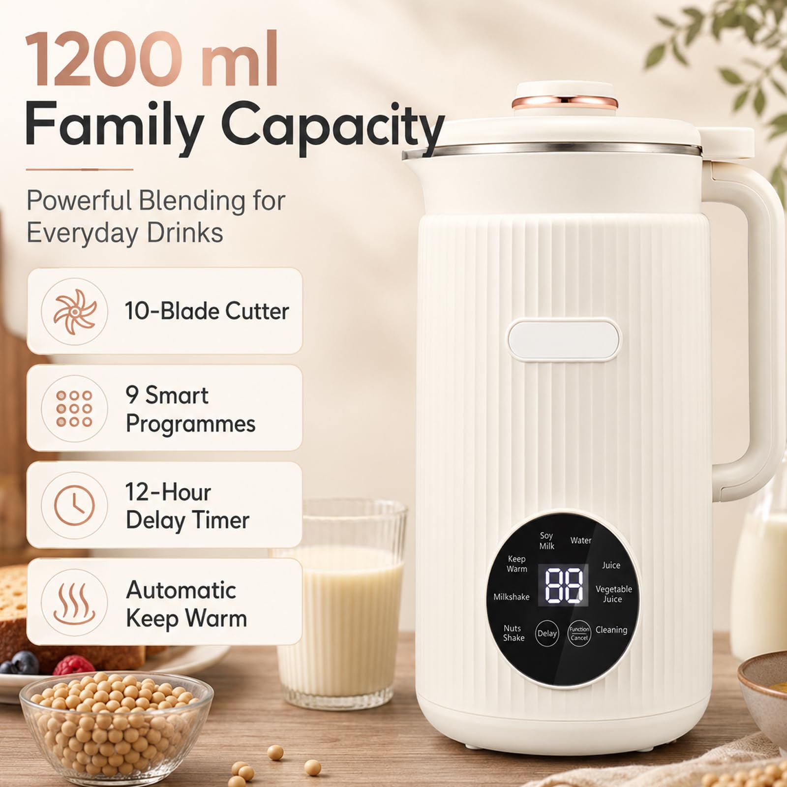 Macchina Automatica per Latte Vegetale 1,2 L, 9-in-1 con 10 Lame | Display Touch LED, Timer 12 Ore, Calore per 6 Ore e Autopulizia per Latte di Mandorla, Avena, Soia e Frutta Secca(white)
