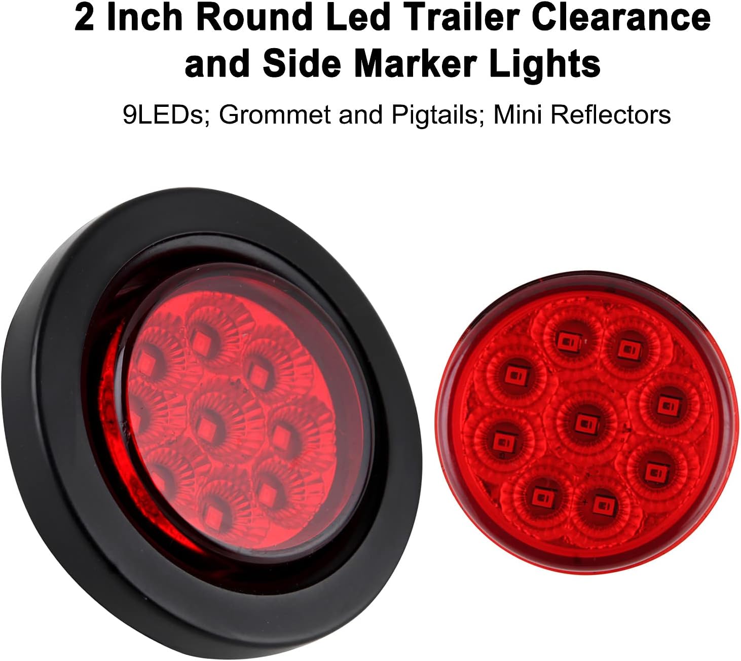 Konrali 2" Round LED Marker Lights 9 LEDs w/Reflectors, 10 Amber & 10 Red 2 inch LED Trailer Marker Truck RV Side Clearance Marker Lights Sealed Flush Grommets Mount w/2 Prong Wire Pigtails