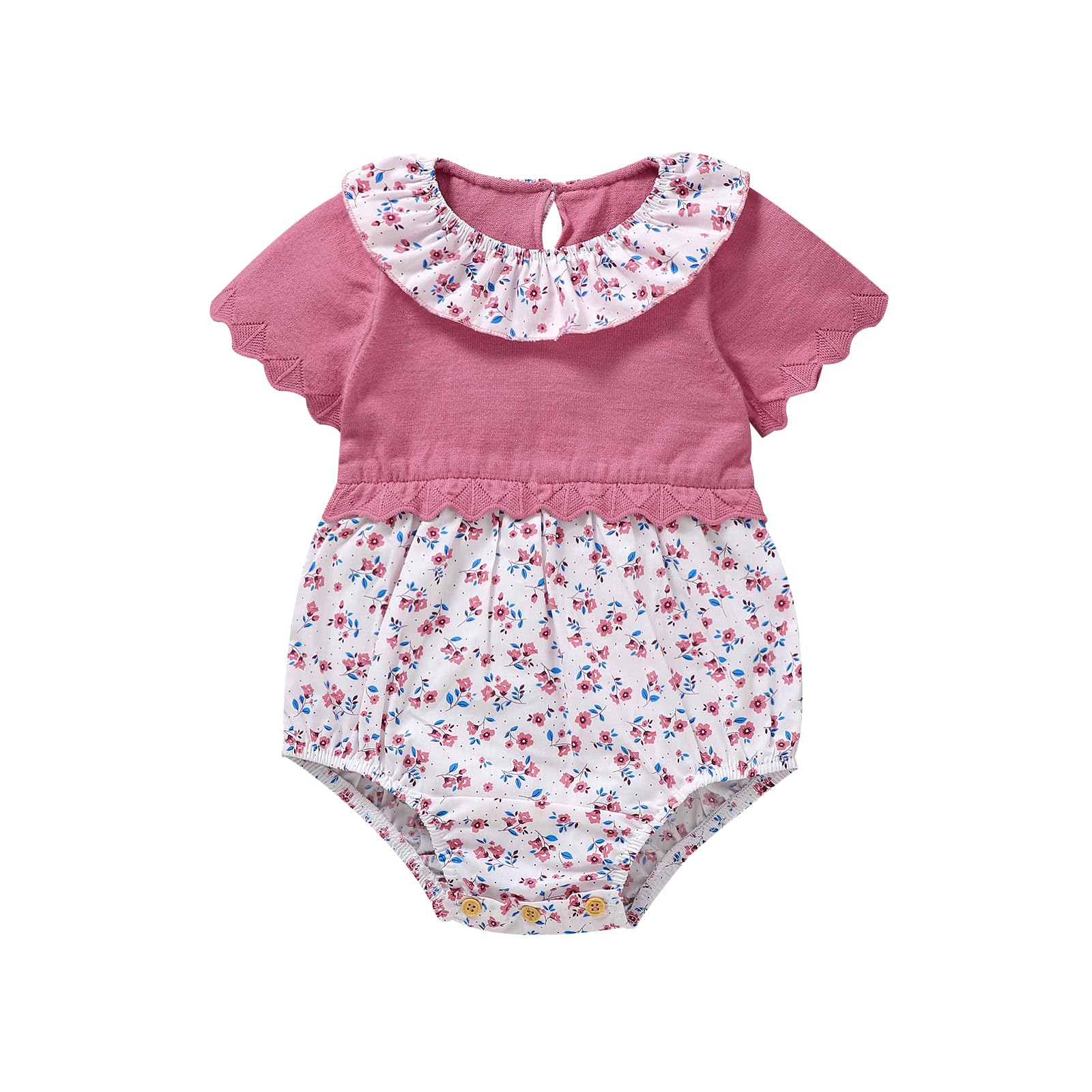 mimixiong Baby Romper Girls Knitted Ruffle One Piece Romper Short Sleeve Floral Jumpsuit Infant Summer Clothes Outfits Pink, 3-6Months