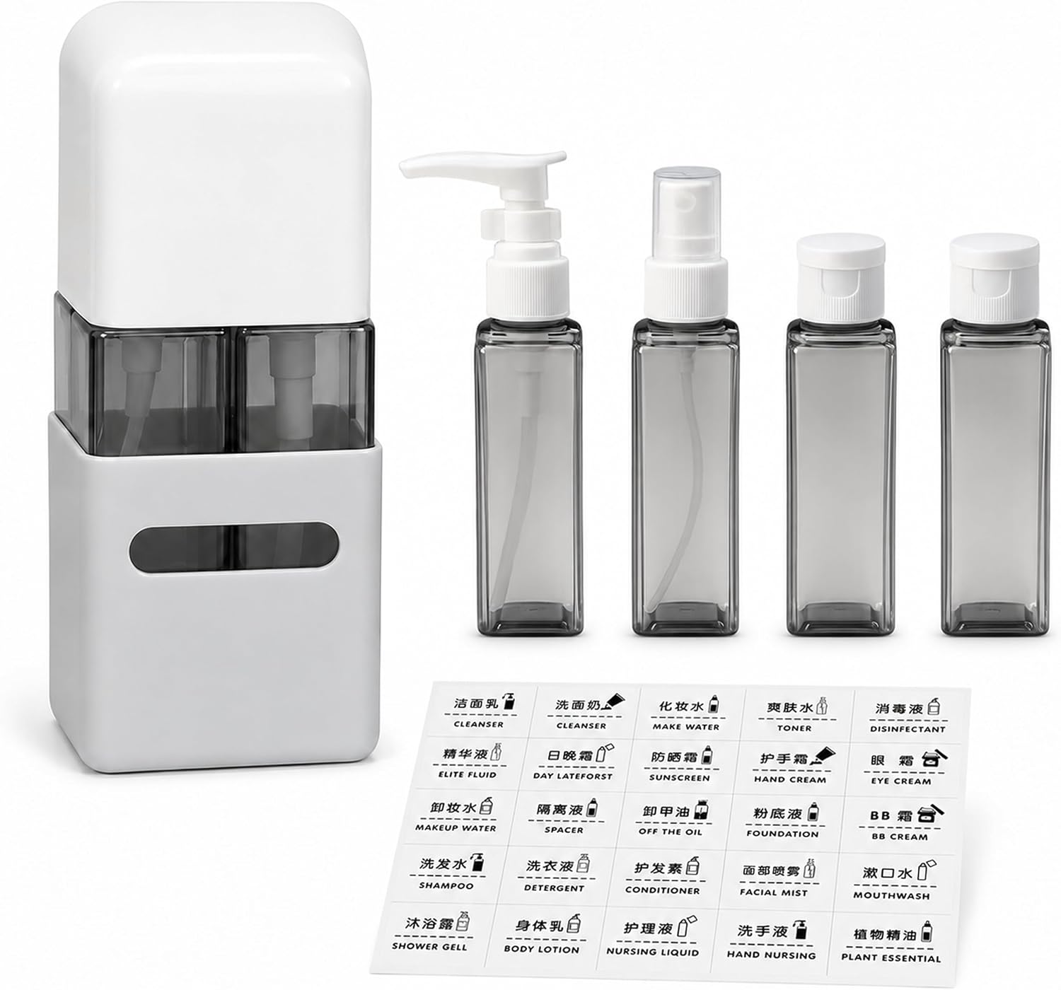 4 in 1 Travel Dispenser Bottle, Portable Travel Pump Bottle (Gray Square)